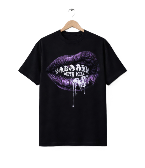 Purple Drip Lips Graphic T-Shirt – Gothic Streetwear Black Tee | Unisex Urban Fashion