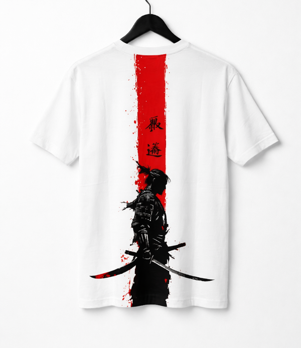 “Japanese Samurai T-Shirt – Red Brushstroke Streetwear Graphic Tee for Men & Women”